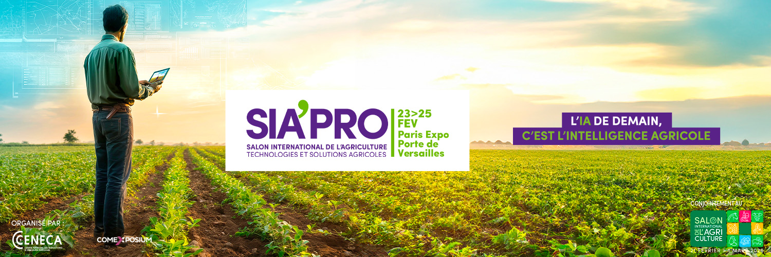 Visuel principal du SIA’PRO 2025, Salon des technologies et solutions agricoles, qui se tiendra du 23 au 25 février 2026 à Paris Expo Porte de Versailles. L’image montre un homme observant un champ cultivé à l’aide d’une tablette numérique, illustrant l’intelligence artificielle au service de l’agriculture.